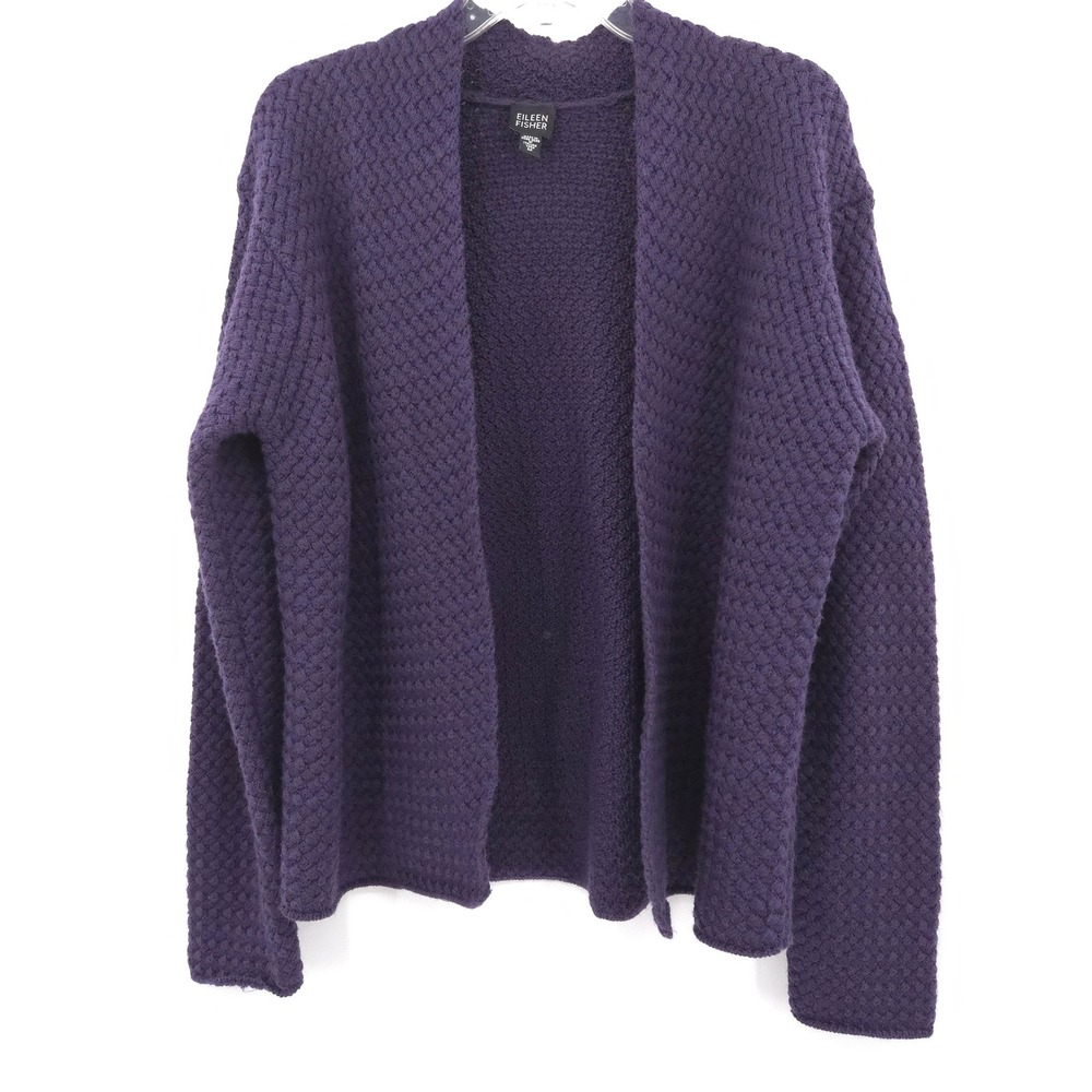 Eileen Fisher Merino Wool‎ Cardigan Sweater Womens M Purple  Basketweave Open